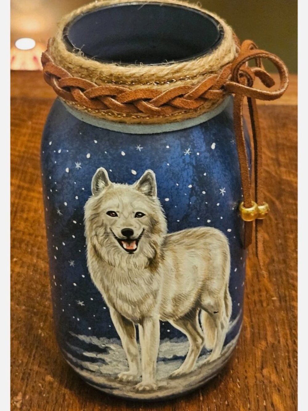 Vtg. Hand Painted & Signed White Wolf Mason Jar Tea Light